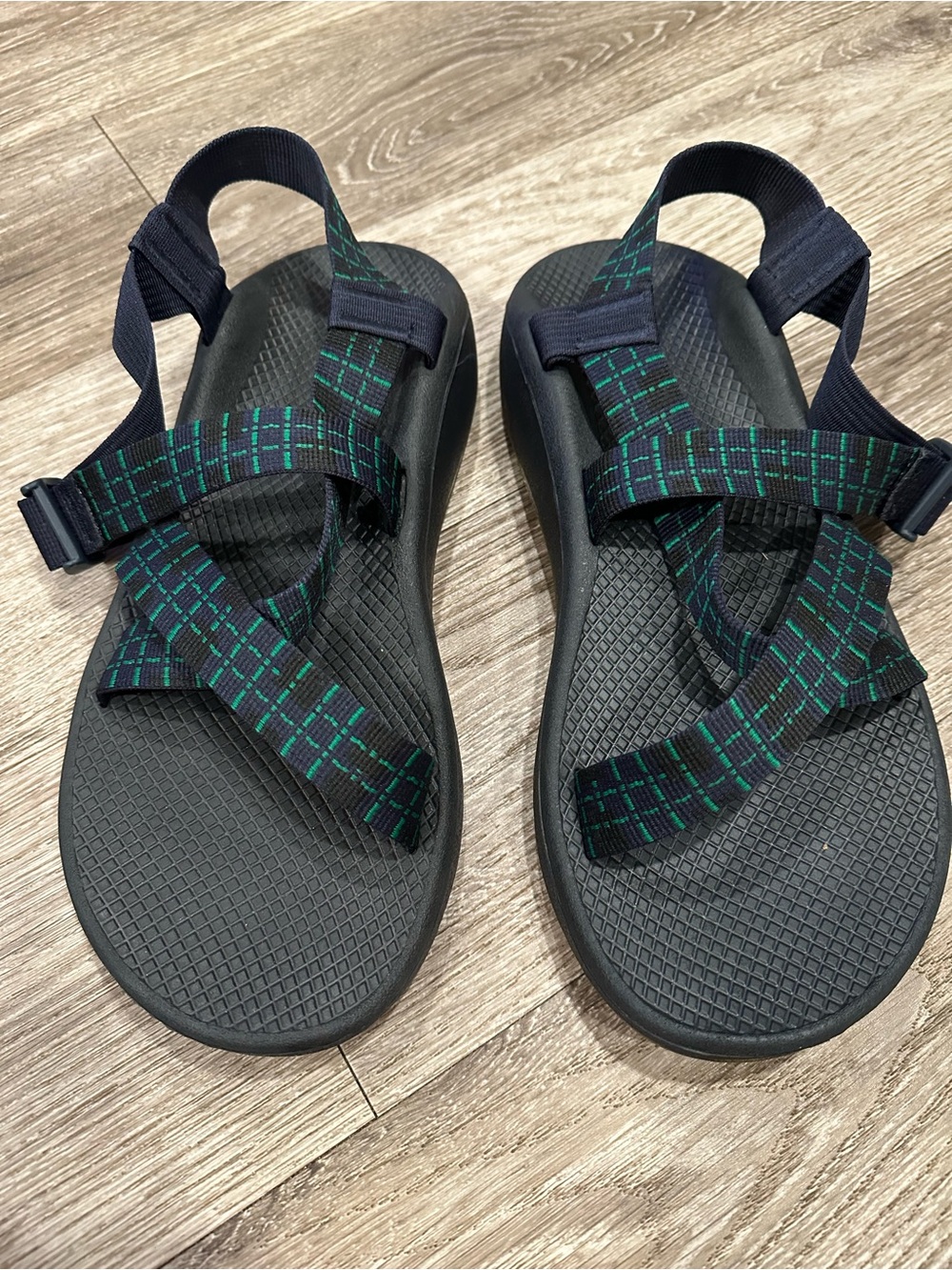 Chaco Black Sandals with Navy and Teal Plaid Straps